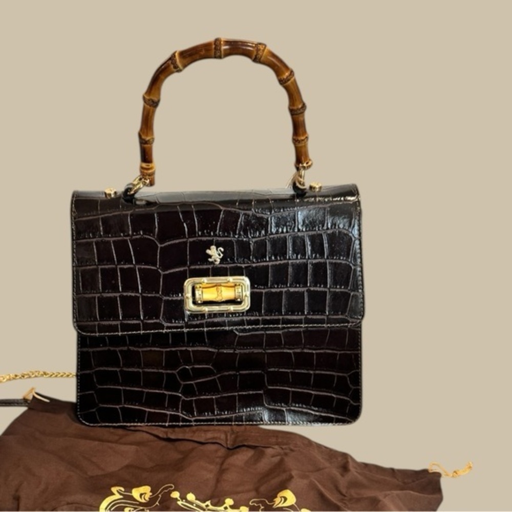 Pratesi Croc Embossed Leather Handbag •
Bamboo Handle • Chocolate Brown • NWT